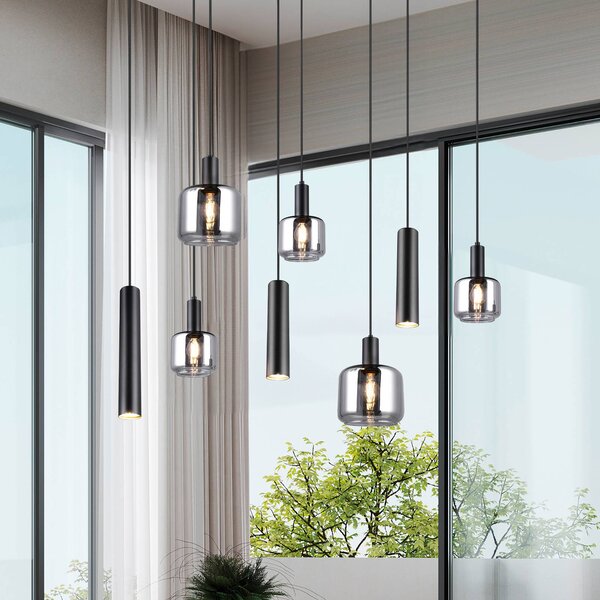 Trio Lighting Mataro függőlámpa, króm/fekete, 118 cm, 8-as üveg/fém, lámpa, dimmelhető, Króm / ezüst, Nappali / Étkező, Üveg, Modern