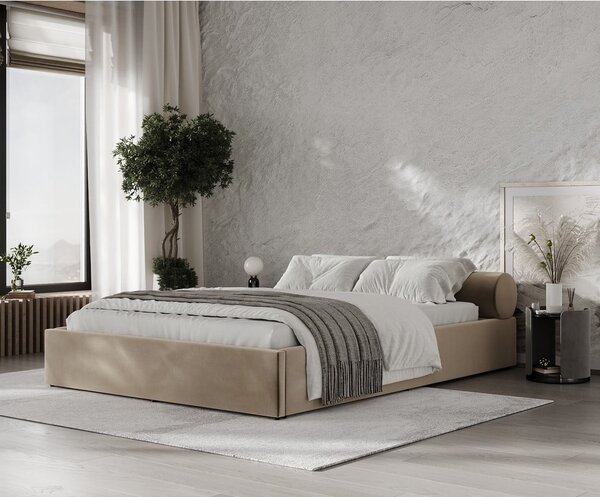 Világosbarna kárpitozott ágyneműtartós franciaágy ágyráccsal 180x200 cm Solvo – Maison de Rêve