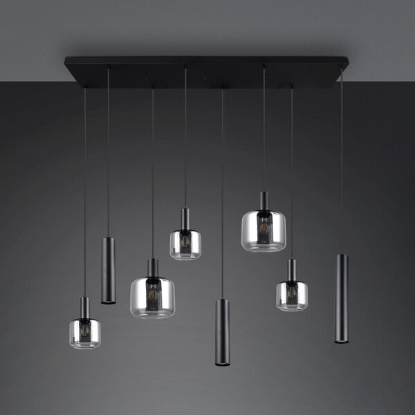 Trio Lighting Mataro függőlámpa, króm/fekete, 118 cm, 8-as üveg/fém, lámpa, dimmelhető, Króm / ezüst, Nappali / Étkező, Üveg, Modern