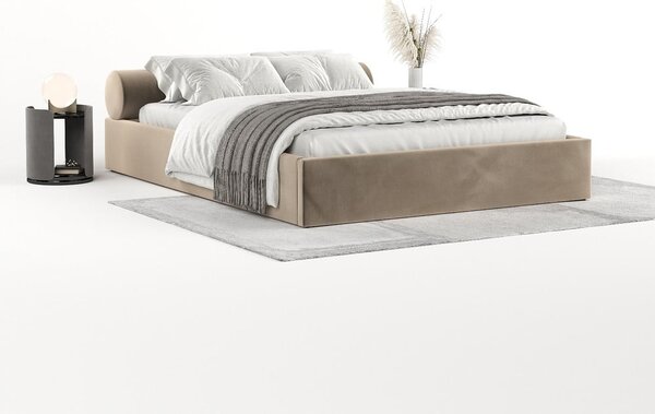Világosbarna kárpitozott ágyneműtartós franciaágy ágyráccsal 180x200 cm Solvo – Maison de Rêve