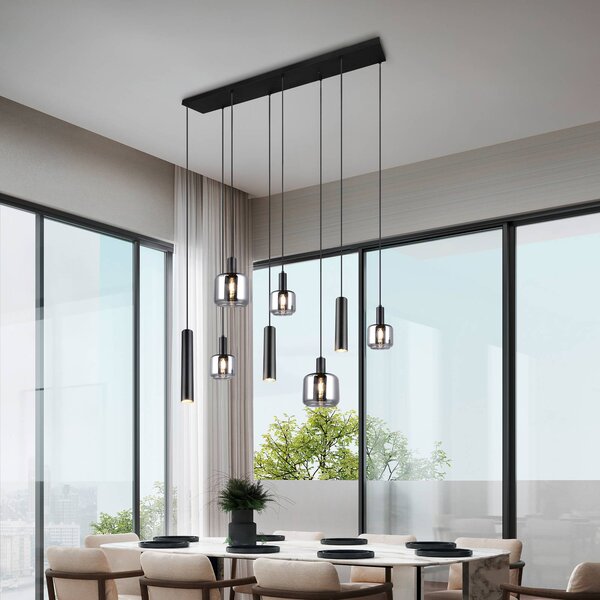 Trio Lighting Mataro függőlámpa, króm/fekete, 118 cm, 8-as üveg/fém, lámpa, dimmelhető, Króm / ezüst, Nappali / Étkező, Üveg, Modern