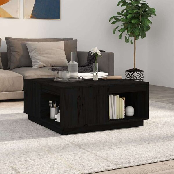 Fekete Tömör Fenyőfa Dohányzóasztal - Tárolóval - 80x81x36,5 cm