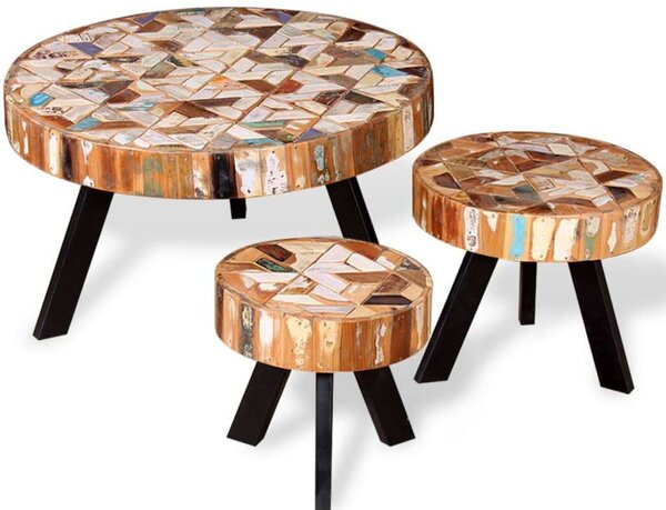 Rusztikus 3 részes Dohányzóasztal Szett - Újrahasznosított Fa - 70/40/30 cm