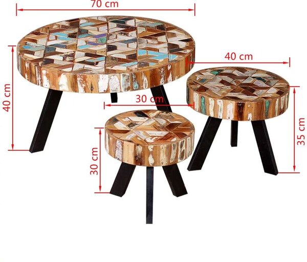 Rusztikus 3 részes Dohányzóasztal Szett - Újrahasznosított Fa - 70/40/30 cm