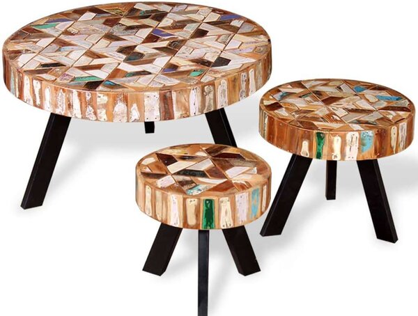 Rusztikus 3 részes Dohányzóasztal Szett - Újrahasznosított Fa - 70/40/30 cm