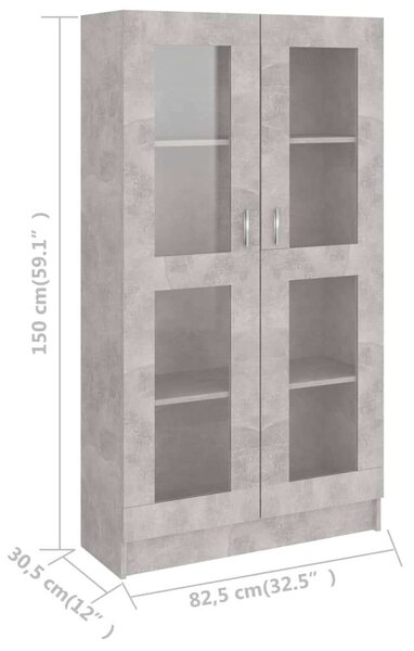 Betonszürke forgácslap vitrinszekrény 82,5 x 30,5 x 150 cm