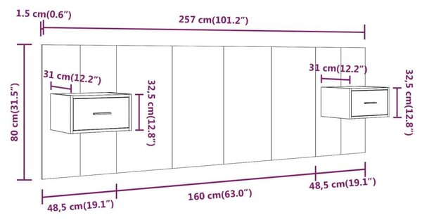 Sonoma Szürke Ágyfejtámla Éjjeliszekrényekkel - 160cm