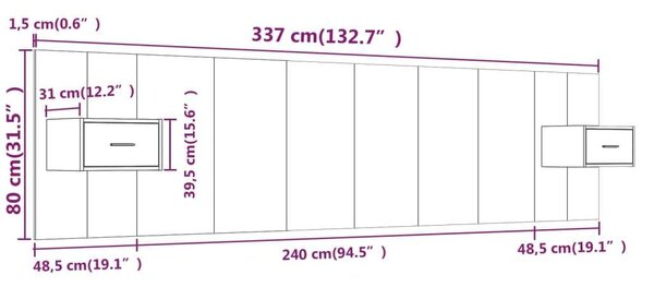 Modern Ágyfejtámla Szekrényekkel - Füstös Tölgy - 240cm