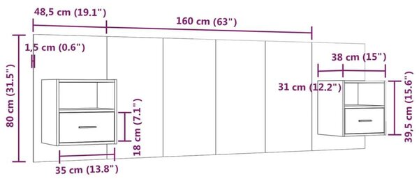 Modern Fali Ágyfejtámla Éjjeliszekrényekkel - Füstös Tölgy - 160cm