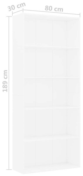 5 Polcos Fehér Könyvespolc - 80x30x189 cm