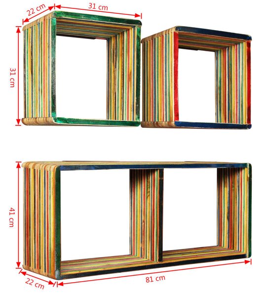 Tíkfa Falipolc Szett - 3 db - Színes - 81x22x41cm & 31x22x31cm