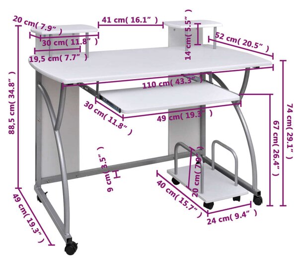 VidaXL Fehér Számítógépasztal - Kerekes - 110x52x88.5cm