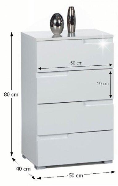 KONDELA 4 fiókos komód, fehér extra magas fényű HG, SPICE 4
