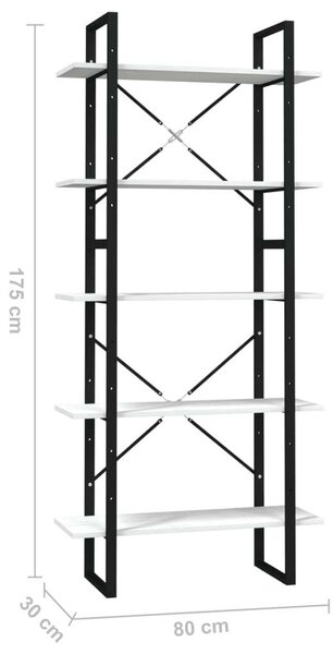 Modern 5 Polcos Könyvespolc - Fehér Fenyőfa - 80x30x175 cm