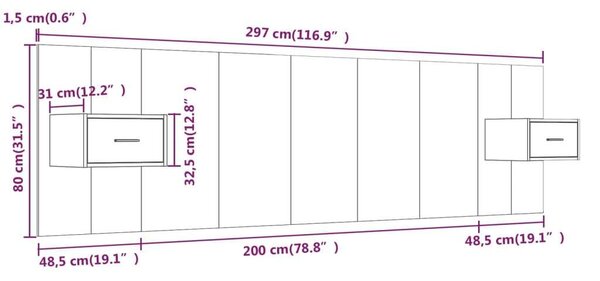Modern Ágyfejtámla Éjjeliszekrénnyel - Beton Szürke - 200cm