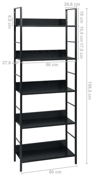 VAS-5Polcos Fekete Könyvespolc - Forgácslap - 60x27,6x158,5cm