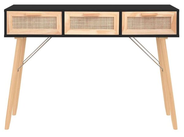 Fekete tömör fenyő és természetes rattan kisasztal 105x30x75 cm