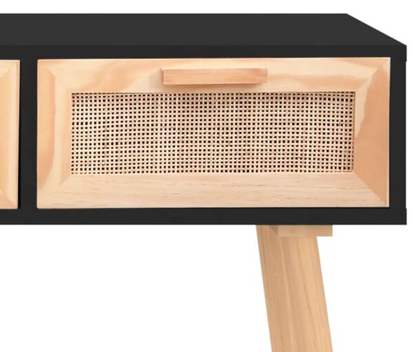 Fekete tömör fenyő és természetes rattan kisasztal 105x30x75 cm