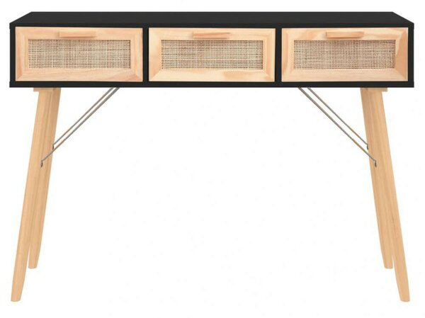 Fekete tömör fenyő és természetes rattan kisasztal 105x30x75 cm