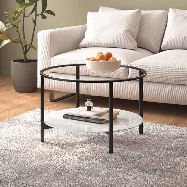 Modern Dohányzóasztal - Fekete Fém - Márvány Üveg - 70cm