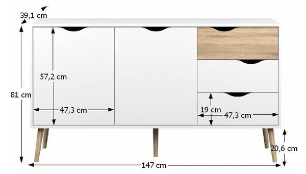 Kétajtós komód, 3 fiókkal, sonoma tölgy-fehér - IKKE