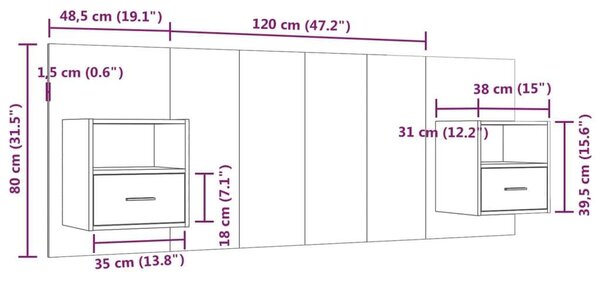 Modern Ágyfejtámla Szekrényekkel - Füstös Tölgy - 120cm