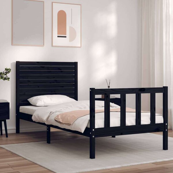 VidaXL fekete tömör fa ágykeret fejtámlával Small Single