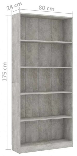 Modern 5 Polcos Könyvespolc - Betonszürke - 80x24x175 cm