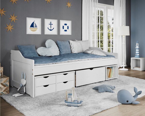 KONDELA Ágy tárolóhellyel, fehér, tömörfa, 90x200, MAXI NEW