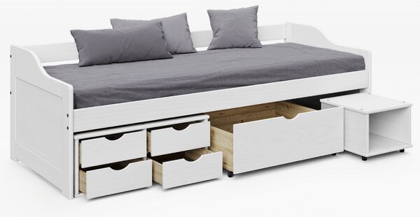 KONDELA Ágy tárolóhellyel, fehér, tömörfa, 90x200, MAXI NEW