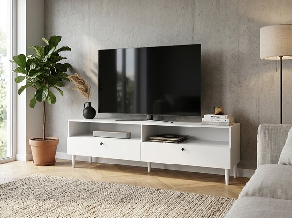 TV állvány polccal és szekrényekkel DULLUM 200x58cm, fehér