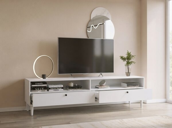 TV állvány polccal és szekrényekkel DULLUM 200x58cm, fehér