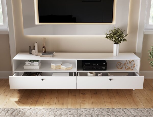 TV állvány polccal és szekrényekkel DULLUM 200x58cm, fehér