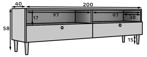 TV állvány polccal és szekrényekkel DULLUM 200x58cm, fehér
