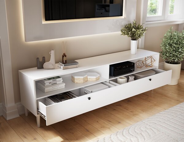 TV állvány polccal és szekrényekkel DULLUM 200x58cm, fehér