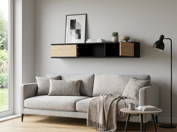 Fali polc szekrényekkel LANZZI 120 cm, fekete/tölgy