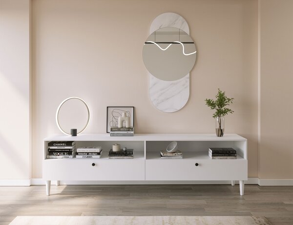 TV állvány polccal és szekrényekkel DULLUM 200x58cm, fehér