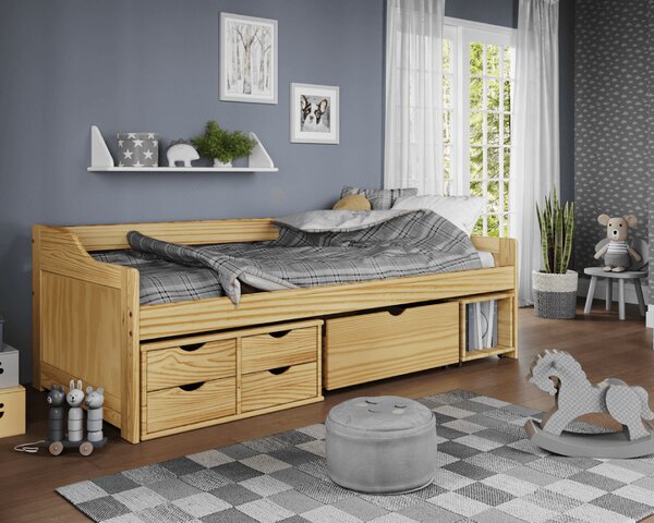 KONDELA Ágy tárolóhellyel, természetes, tömörfa, 90x200, MAXI NEW