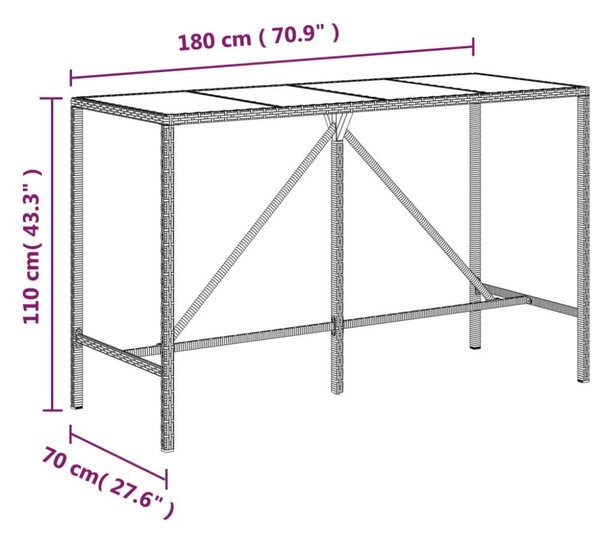 Polyrattan Bárasztal - Szürke - 180x70x110 cm