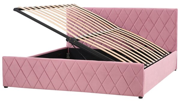 Rózsaszín bársony ágyneműtartós franciaágy 180 x 200 cm ROCHEFORT