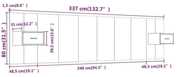 Modern Ágyfejtámla Éjjeliszekrényekkel - Beton Szürke - 240cm
