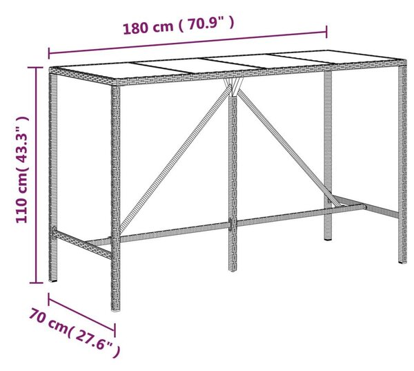 Polyrattan Bárasztal - Üveglapos - 180x70x110 cm