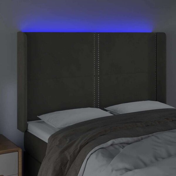 Sötétszürke bársony led-es fejtámla 147x16x118/128 cm