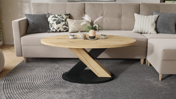 Mazzoni LOXA ovális dohányzóasztal Craft Arany Tölgy / Fekete - DOHÁNYZÓASZTAL 120x65 cm