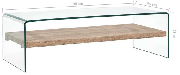 Modern Üveg Dohányzóasztal - Fa Polc - 98x45x31 cm