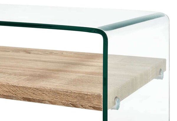 Modern Üveg Dohányzóasztal - Fa Polc - 98x45x31 cm