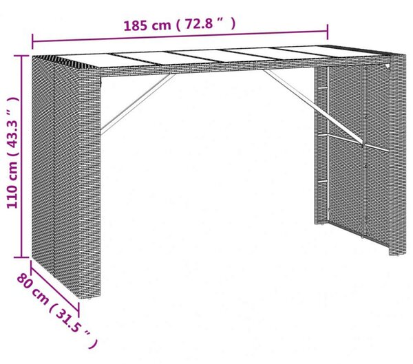 Barna polyrattan kerti asztal üveglappal 185 x 80 x 110 cm