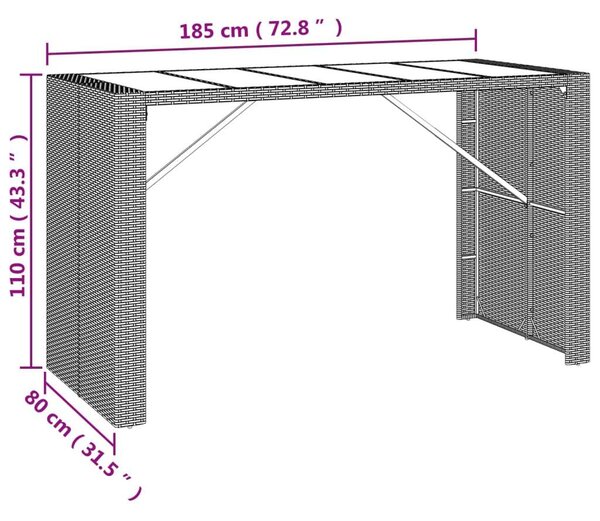 Barna polyrattan kerti asztal üveglappal 185 x 80 x 110 cm