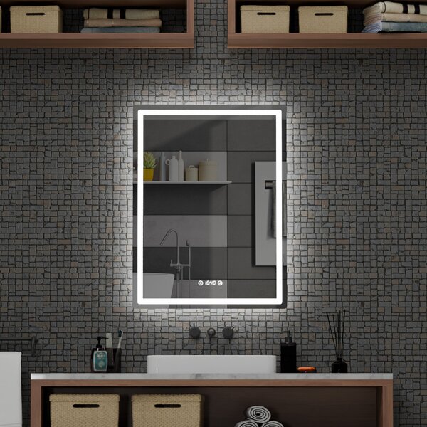60x80cm álló fürdőszobai LED tükör | Páramentesítő - Óra - Fényerő és színhőmérséklet szabályozás