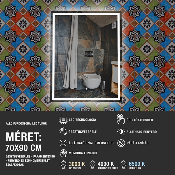 70x90cm álló fürdőszobai LED tükör | Gesztusvezérlés - Páramentesítő - Fényerő és színhőmérséklet szabályozás